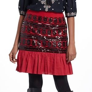 Anthropologie Moulinette Sours Suelta Red Ruffle Skirt with Black Sequins